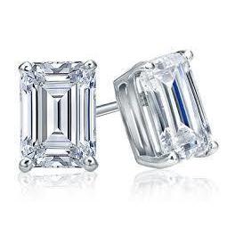 White Gold Emerald Cut Diamond Women Stud Earring