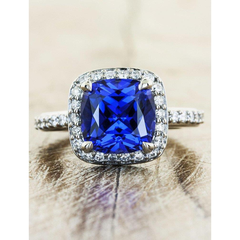 Ladies Ceylon Sapphire Halo Diamond Wedding Solid White Gold Gemstone Ring