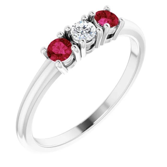 Ldies 3 Stone Ring Round Diamond Ruby White Gold Gemstone Ring