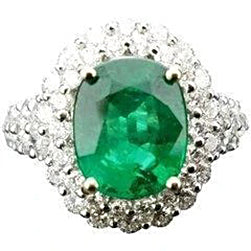 Lady’s Brilliant Oval Green Emerald With Halo Diamond Ring 14K White Gold