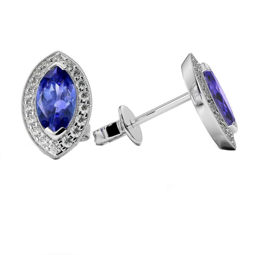Lady’s Round Anniversary Blue Tanzanite With Diamond Stud Earrings White Gold