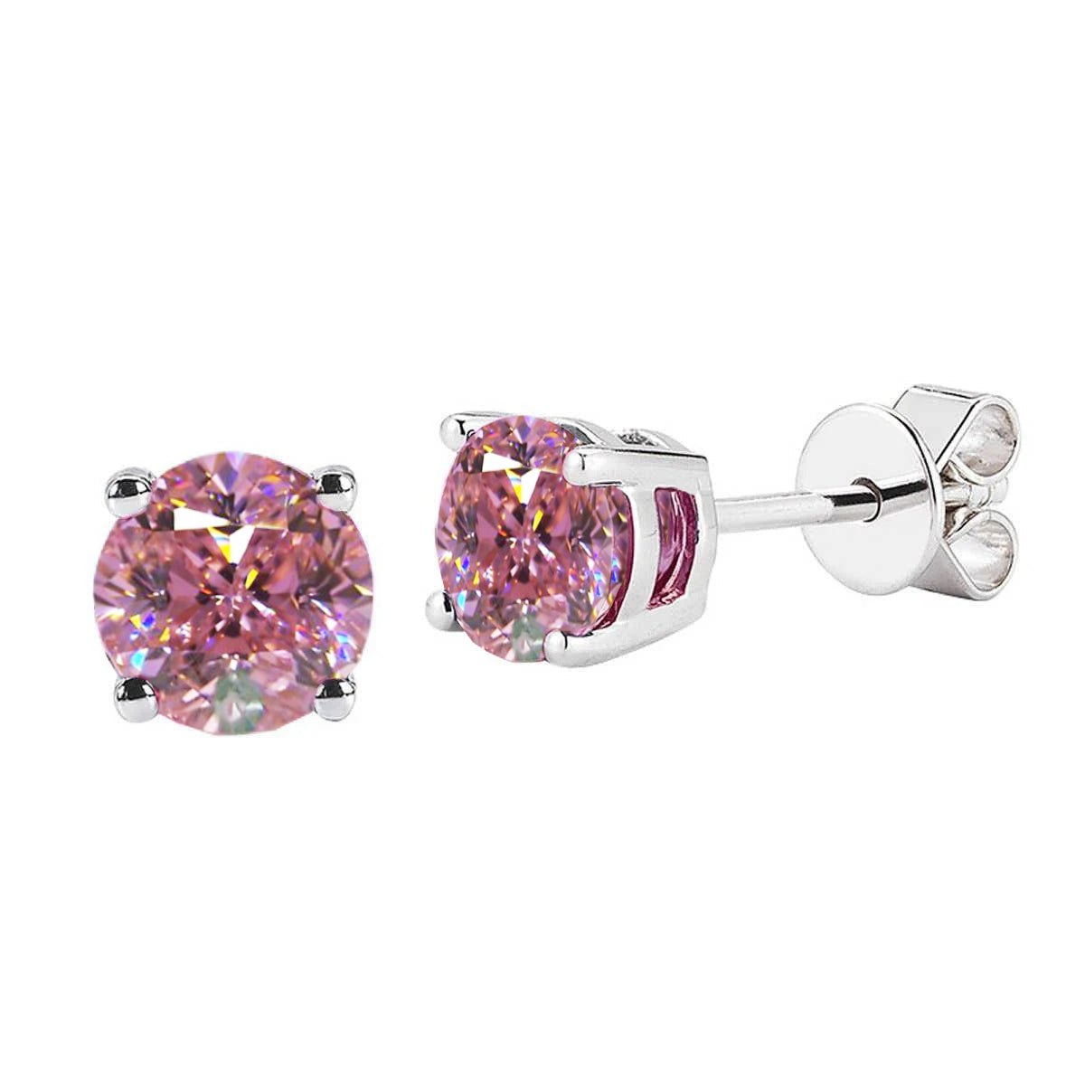 Round Cut Pink Sapphire Studs Earrings 14K White Gold Round Cut Pink Sapphire