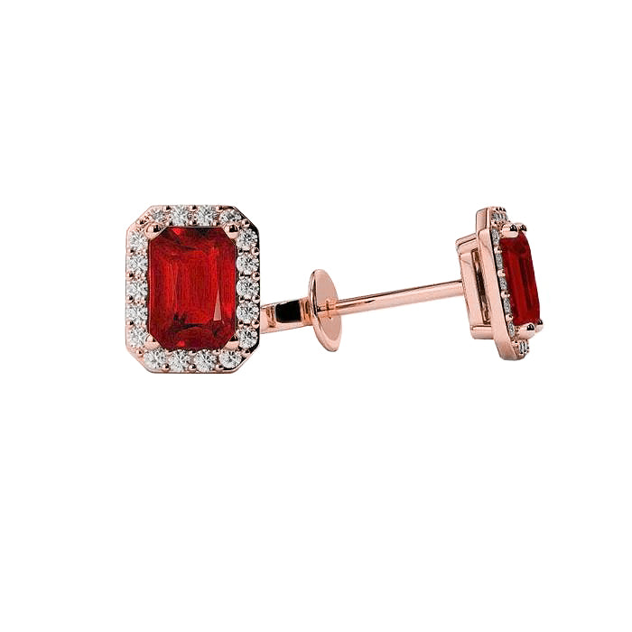 3.86 Carats Red Ruby And Natural Earth Mined Diamonds Lady Studs Earrings Rose Gold 14K