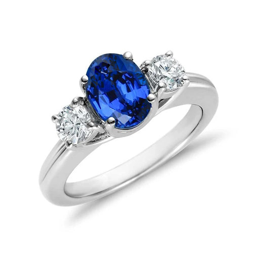 3 Stone Style Sri Lankan Sapphire With Natural Earth Mined Diamonds Ring 3 Carats WG 14K