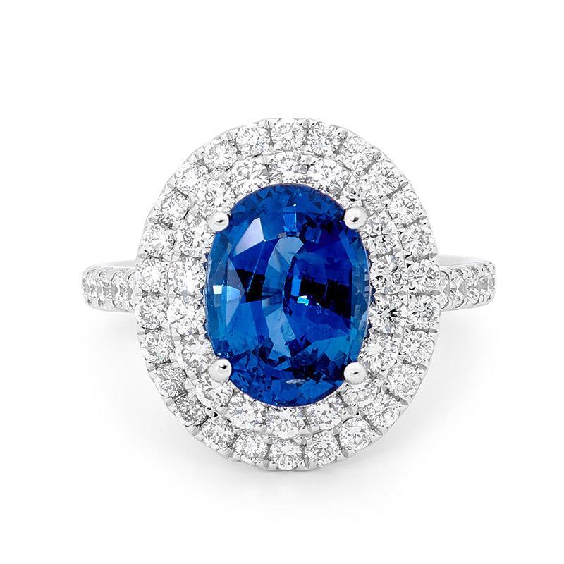 Brilliant Engagement Oval Ceylon Sapphire With Round Diamonds Ring White Gold Gemstone Ring