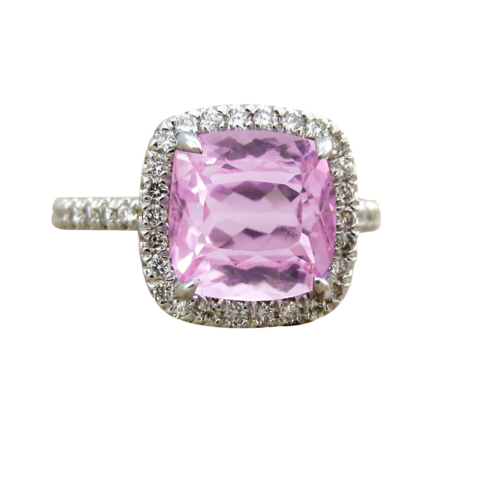 35.45 Carats Big Pink Kunzite Natural Earth Mined Diamond Ring White Gold 14K