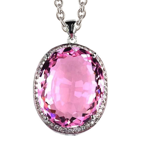 35.50 Carats Oval Pink Kunzite With Natural Earth Mined Diamond Necklace Pendant Gold