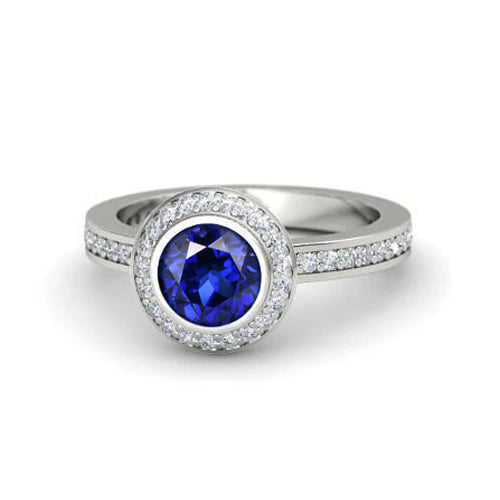 3 Ct Round Cut Ceylon Sapphire Natural Earth Mined Diamonds Ring White Gold 14K