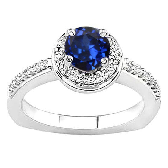 Round Sri Lankan Sapphire Natural Earth Mined Diamonds Ring 5.76 Carats White Gold 14K