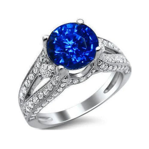 3 Ct Round Ceylon Sapphire And Natural Earth Mined Diamond Ring Solid White Gold 14K