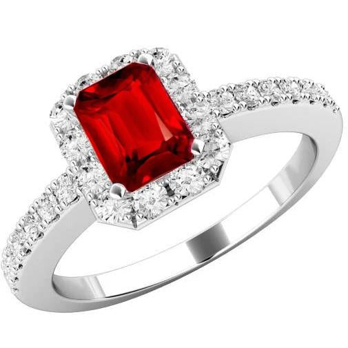Emerald Cut Ruby And Round Diamonds Sparkling Unique White Gold Gemstone Ring
