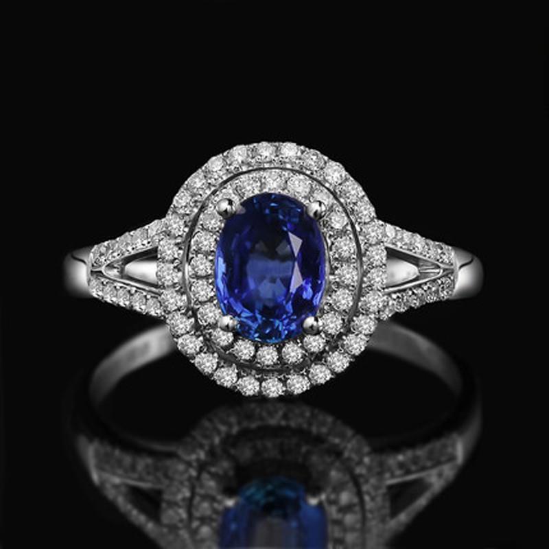 New Blue Oval Sapphire With Diamond Wedding White Gold Gemstone Ring