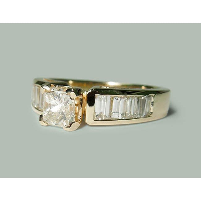 1.50 Ct Princess Baguette Diamonds Ring Yellow Gold Solitaire Ring Accents