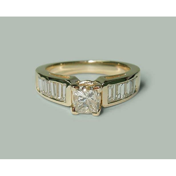 1.50 Ct Princess Baguette Diamonds Ring Yellow Gold Ring with Accents