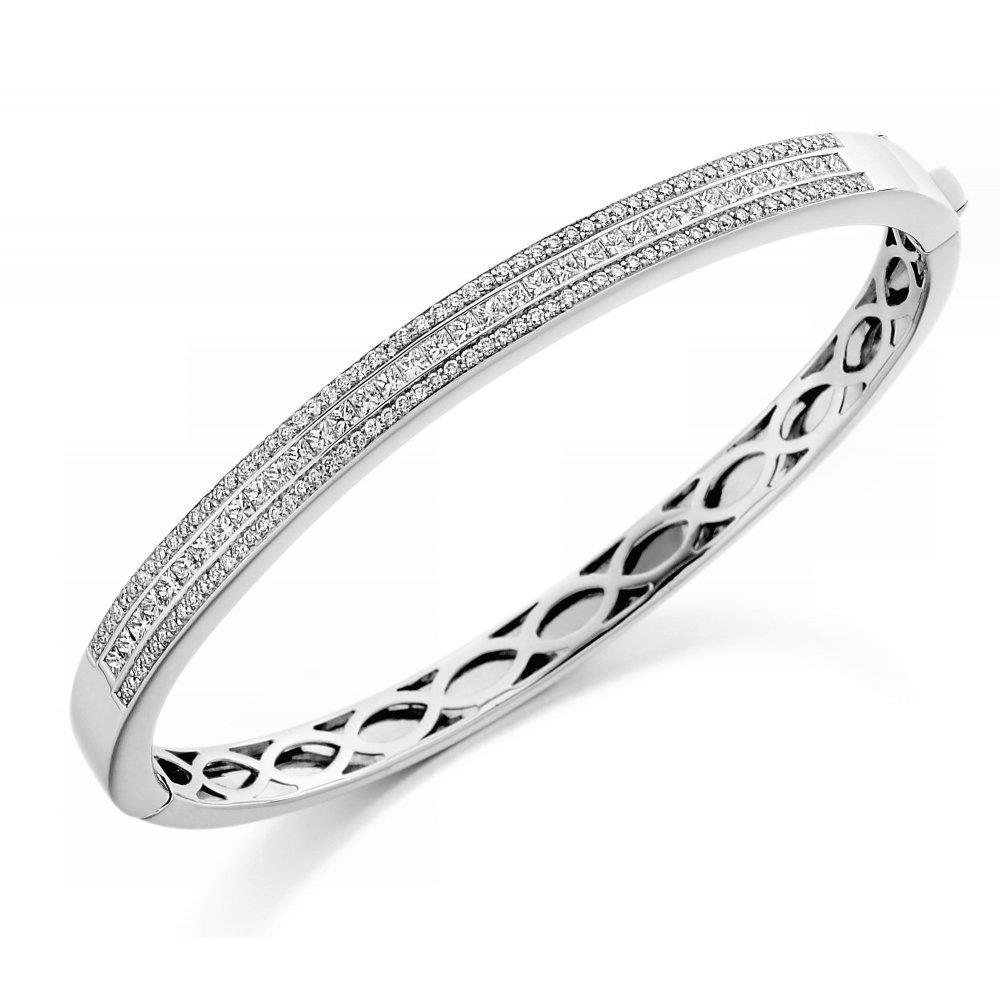 3.95 Ct Princess Round Diamond Triple Row Bangle Bracelet White Gold Bangle