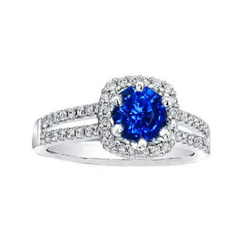 Unique Lady’s Blue Sapphire And White Round Diamond Ring White Gold
