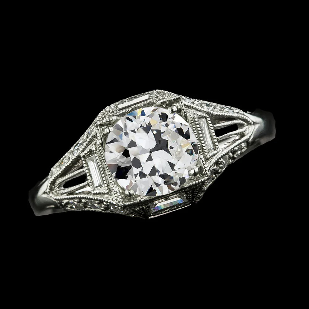 3 Carats Old European Baguette & Round Diamond Ring