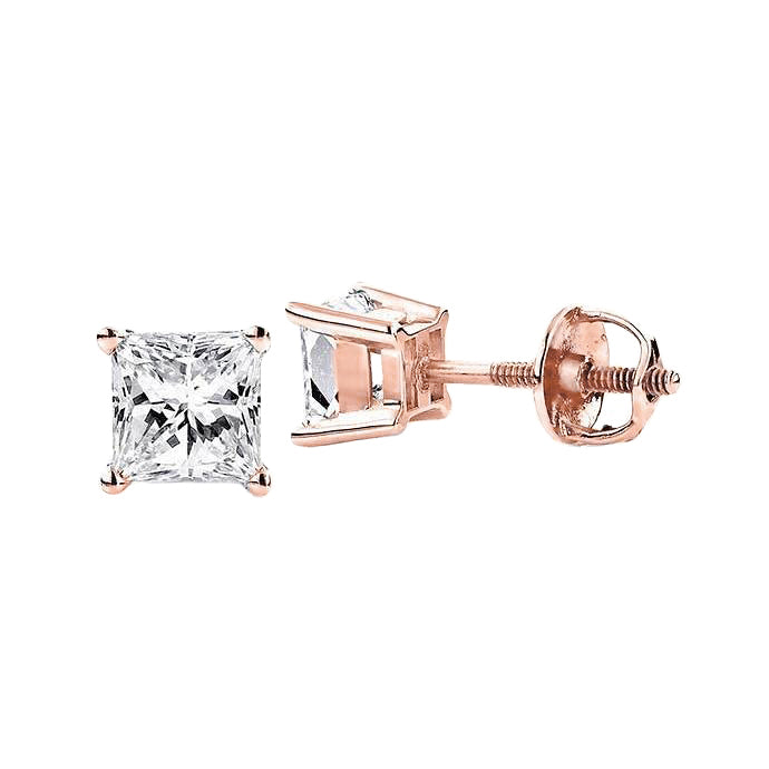 3 Carats Princess Shaped Lab Grown Diamond Stud Earring CERTIFICATE Fine Rose Gold 14K