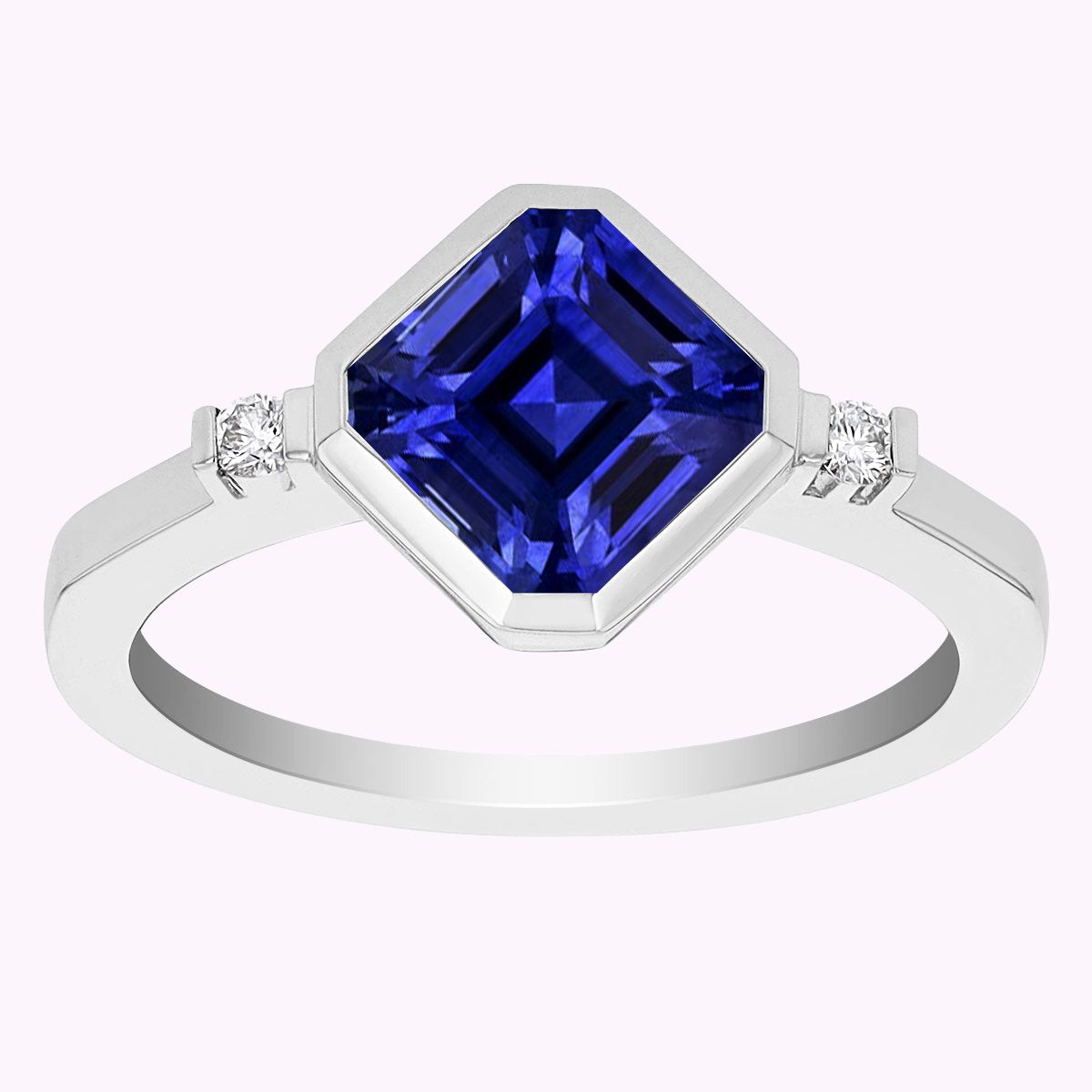 Woman's Weeding Anniversary Gold 3 Stone Diamond Asscher Sapphire Ring