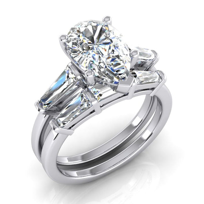 Pear Shaped Wedding Band Set 2.85 Carats With Baguettes