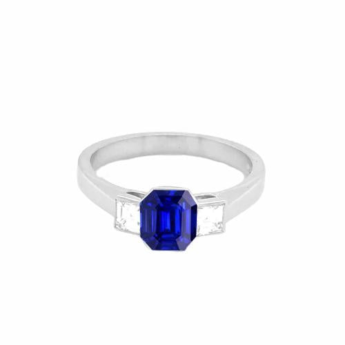 3 Stone Ring Emerald Blue Sapphire & Princess Diamonds Ladies Brilliant Sparkling