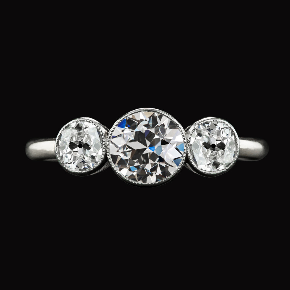 3 Stone Ring Old Mine Cut Diamond White Gold Jewelry
