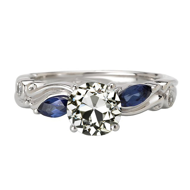 Lady’s Sparkling Unique Engagement White Gold Anniversary Ring Round Old Miner Diamond & Marquise Sapphire Ring