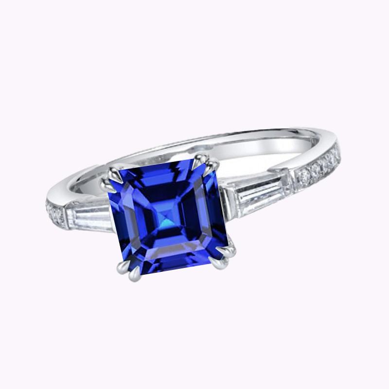 Women Diamond Engagement 3 Stone Style Asscher Sapphire Ring