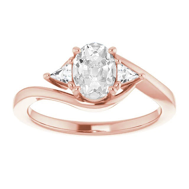 3 Stone Trillion & Oval Old Miner Diamond Ring Prong Set