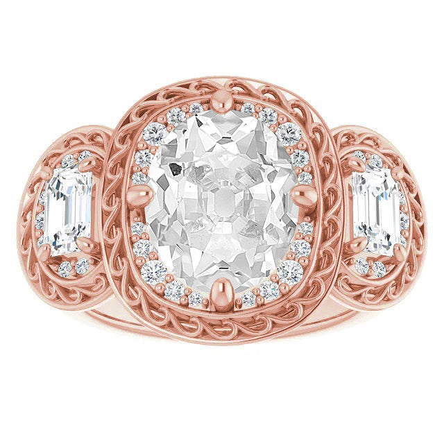 3 Stone Style Halo Oval Old Miner Big Lab Grown Diamond Ring Prong Set 15 Carats