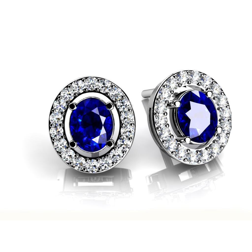 True classic fancy Sapphire And Round Cut Diamonds Stud Earring White Gold Gemstone Earring