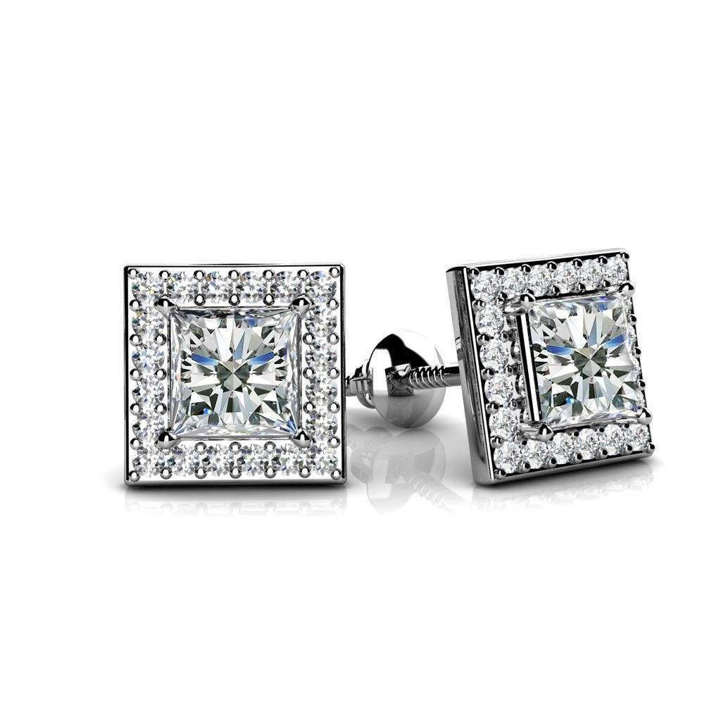 Ladies Princess And Round Cut Halo Diamond Stud Earring