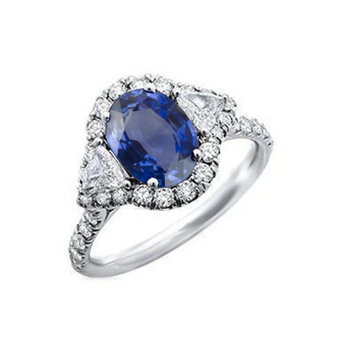 4 Carats Ceylon Sapphire And Natural Earth Mined Diamonds Ring White Gold 14K
