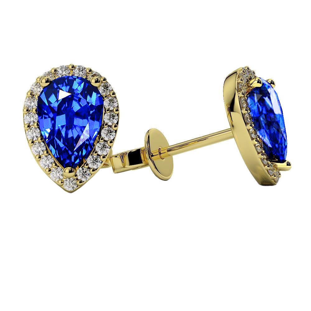 4.50 Carats Pear Shape Sapphire With Round Natural Earth Mined Diamonds Studs Halo Yg 14K
