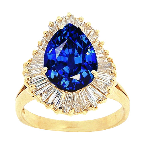 Woamns Sri Lanka Sapphire Baguette Diamonds Yellow Gold Ring