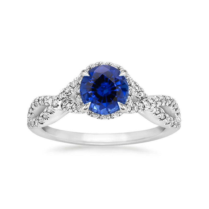 Elegant Woman's Sri Lanka Blue Sapphire Halo Diamonds Ring White Gold