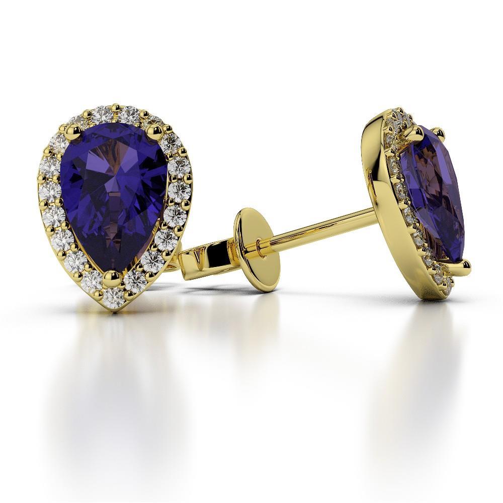 Lady’s Round Anniversary Pear Tanzanite With Round Diamond Pave Halo Studs Yellow Gold