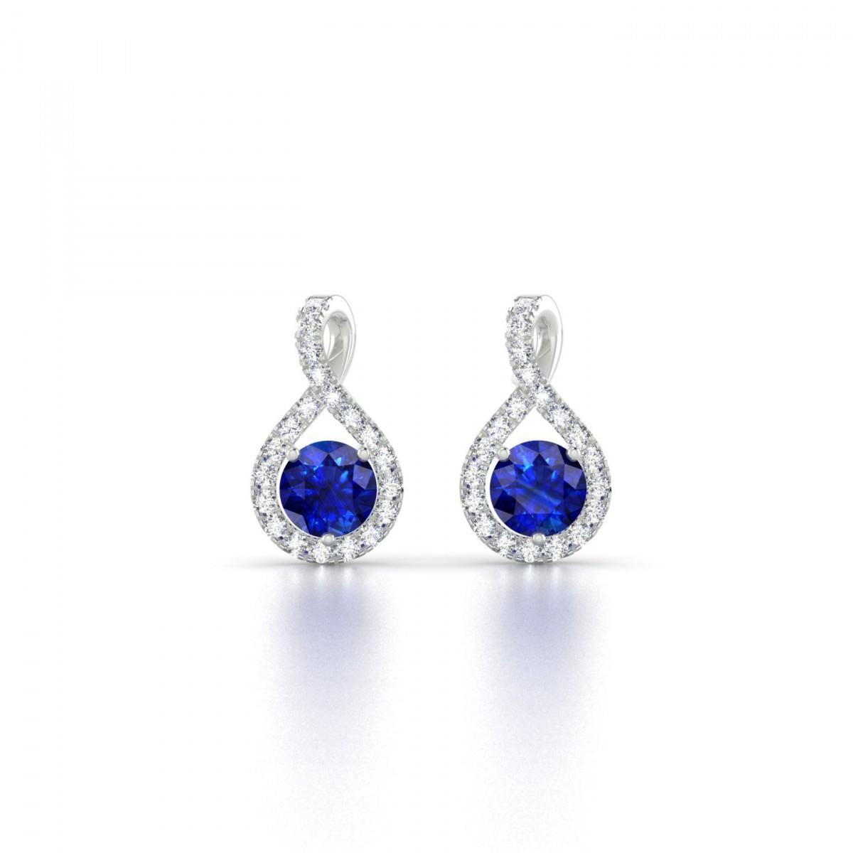 Woman's Weeding Anniversary Round Cut Sapphire And Diamonds Studs Earrings Gold