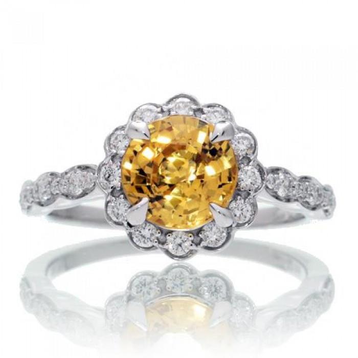 Lady’s Brilliant Yellow Sapphire And Diamonds Ring White Gold Gemstone Ring