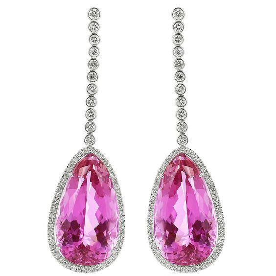 42 Ct Pink Pear Cut Kunzite With Diamond Drop Dangle Earring Gold Gemstone Earring