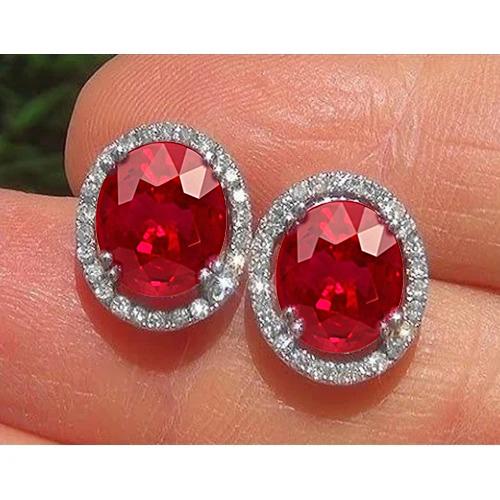 4.30 Carats Red Ruby With Diamond Stud Halo Lady Earring White Gold 14K Gemstone Earring