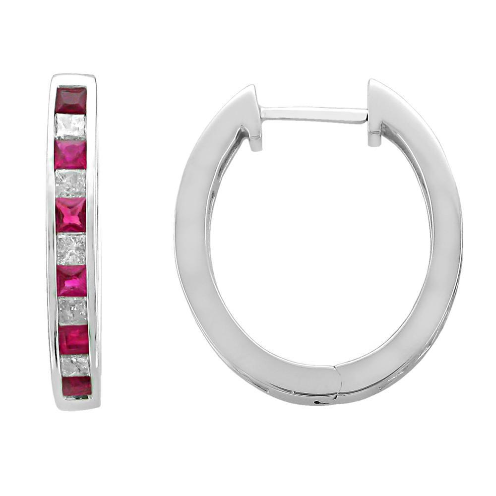 Brilliant Engagement Ruby With Diamonds Women Hoop Earrings