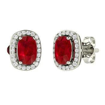 4.5 Carats Cushion Cut Red Ruby Diamond Stud Halo Earring White Gold 14K Gemstone Earring