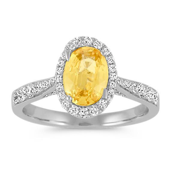 Gorgeous fancy Oval Yellow Sapphire And Round Diamonds Ring White Gold Gemstone Ring