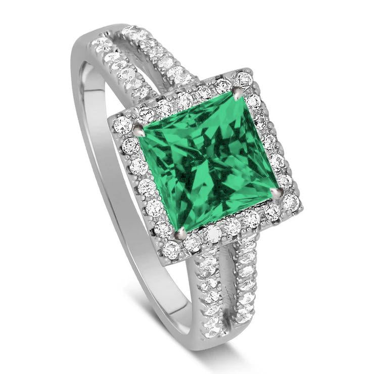 Fancy Lady’s Princess Cut Green Emerald With Diamond White Gold Jewelry Gemstone Ring