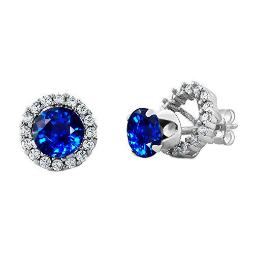 3 Carats Round Sapphire Halo Natural Earth Mined Diamond Stud Earring White Gold 14K