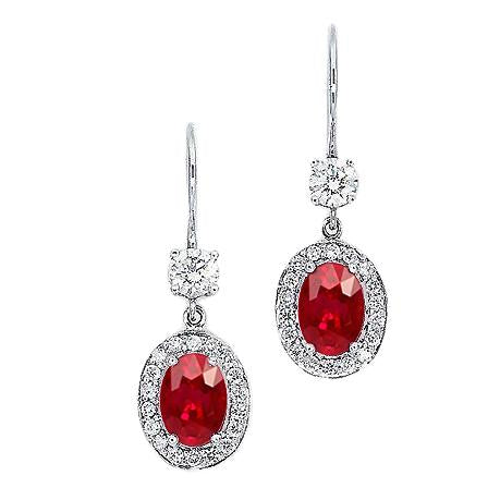 Women Diamond Engagement Oval Red Ruby With Diamond Dangle Earring White Gold