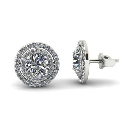 Round Cut Double Halo Diamond Stud Earrings White Gold Halo Stud Earrings