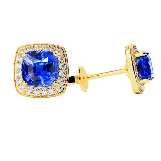 Ladies Brilliant Sri Lanka Sapphire Diamonds Studs Earrings Yellow Gold