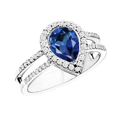 5.80 Carats Pear Ceylon Sapphire & Natural Earth Mined Diamond Engagement Ring 14K Gold